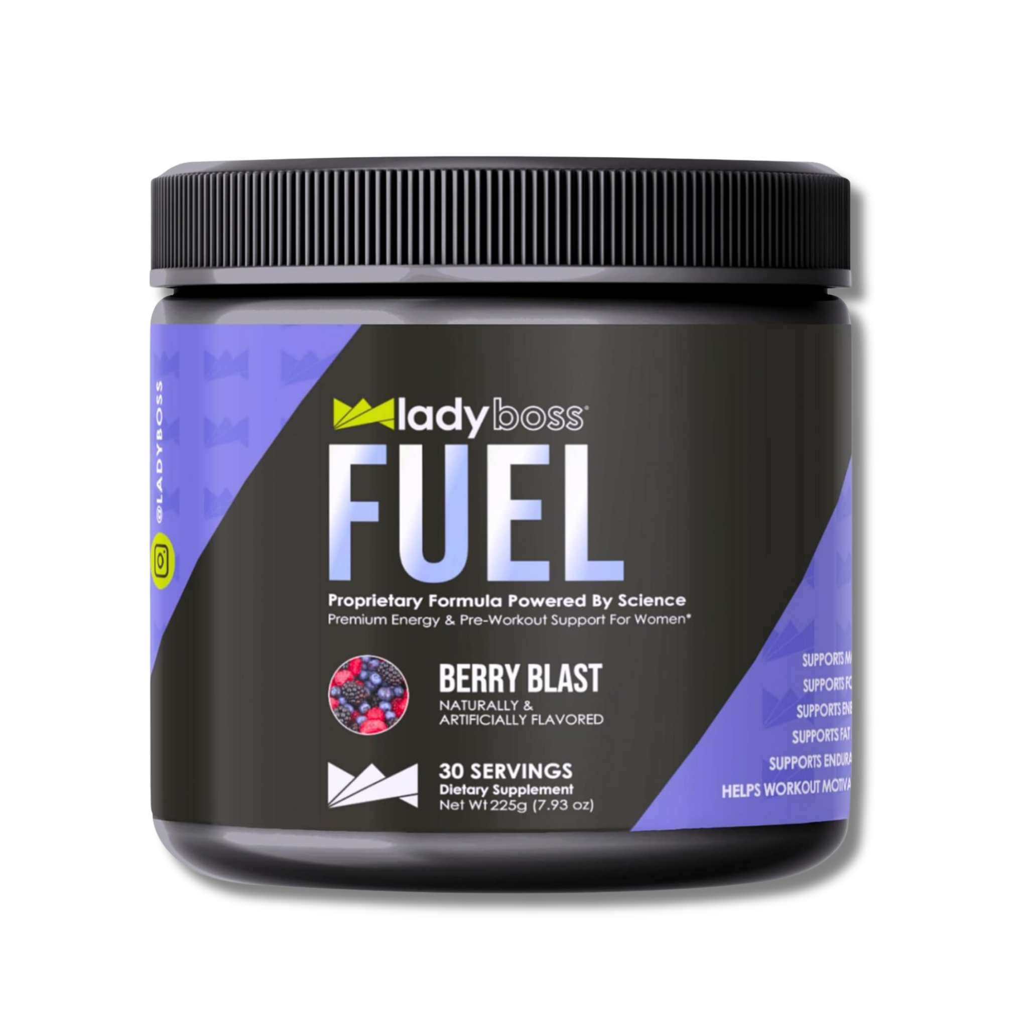 LadyBoss FUEL Berry Blast pre-workout container